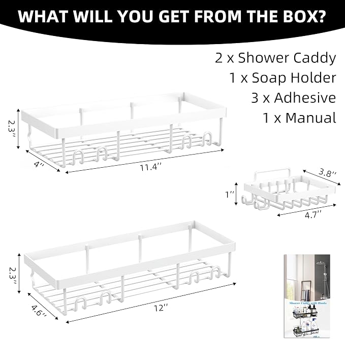 Moforoco 3-Pack Shower Caddy Basket Shelf with Soap Holder, No Drilling Traceless Adhesive Shower Wall Shelves, Rustproof Black Bathroom Shower Storage Organizer