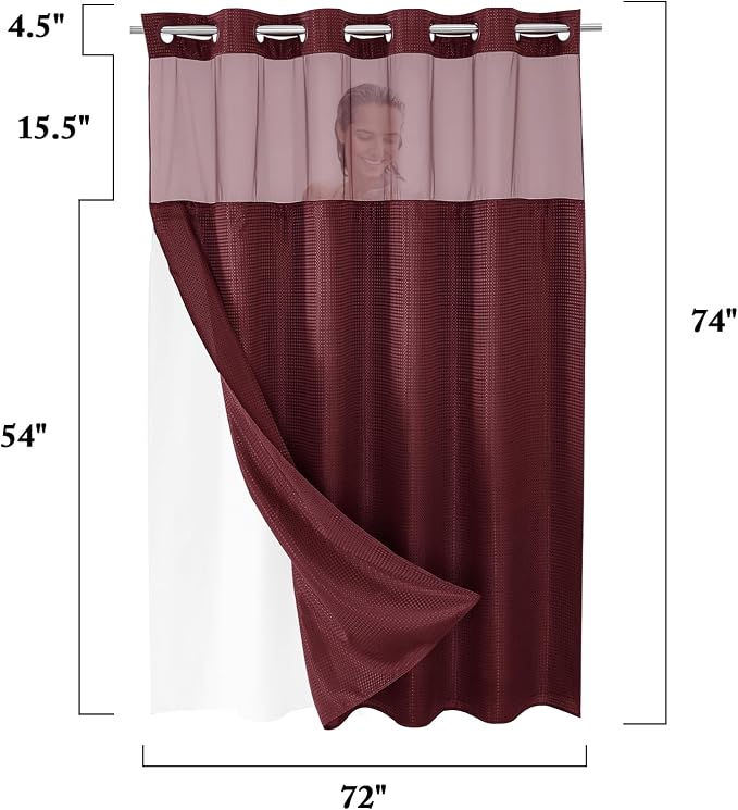 No Hook Cloth Burgundy Shower Curtain with Liner, 72x74 | Snap-in Fabric Liner, Hotel Style with Mesh Top Window, Waterproof Coating, Machine Washable, Rustproof Grommets
