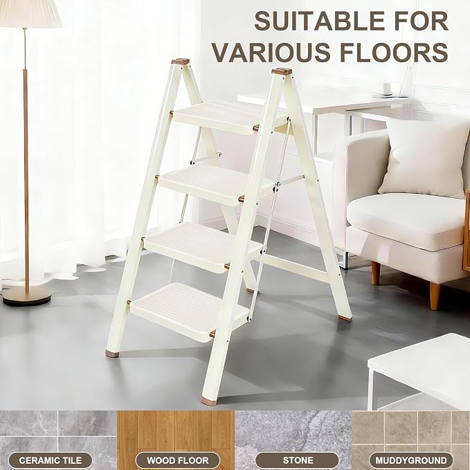Valeo 4 Step Ladder,Lightweight Folding Step Stool with Wide Anti-Slip Pedal, 330LBS Capacity, Heavy Duty,Sturdy Iron Metal Step Stool for Home, Kitchen, Closet, Adults, Cream White