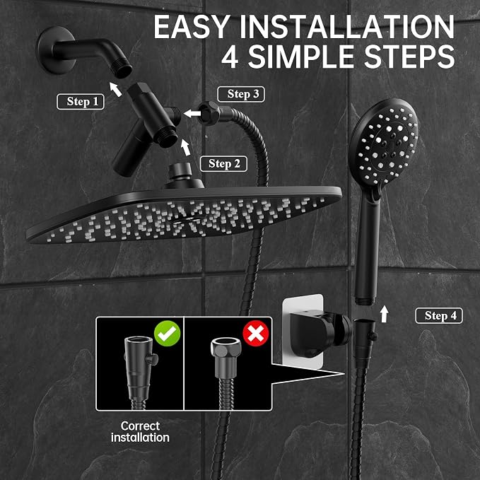 Veken 11.8“ Rain Shower Head with Handheld,Dual High Pressure Shower Heads | Easy Pause,5-mode Hand Held Spray with Hose,Wide Detachable Rainfall,Dual Showerhead Combo,Bathroom Accessories,Decor,Chrome