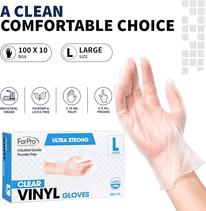 ForPro Disposable Vinyl Gloves, Industrial Grade, Powder & Latex Free, Non-Sterile, Food Safe, 2.75 Mil Palm, 3.9 Mil Fingers