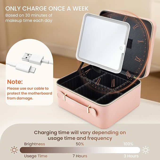Faquenc Leather Makeup Bag with LED Lighted Mirror 9.64 Inch Travel Makeup Organizer Bag Adjustable Brightness in 3 Colors Cosmetic Case Artist Storage Bag with Dividers Brush Holder Bag Vanity Pink