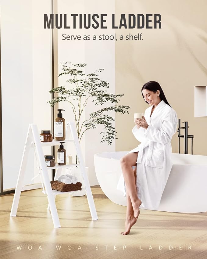 3 Step Foldable Step Stool, 300lbs Load, White | Folded 35''H x 2''T; Net 8 lbs; Non-Slip Feet: Wood/Tile/Carpet; Rigid Aluminum Steps; No Assembly; Ready From Box.