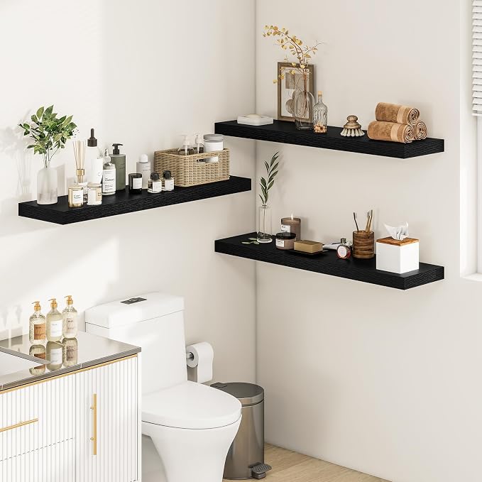 Vivelove Deep Floating Shelves 36x12” Set of 2, Black | Easy Install With Hardware, 2" Thick, Invisible Brackets, Wall Mounted, No Sagging, For Any Room