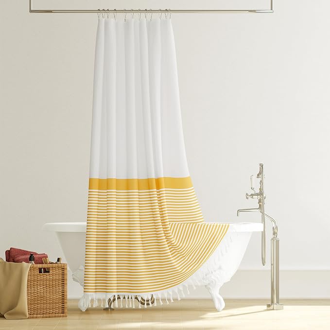 Stall Fabric Shower Curtain, 60 inch Modern Farmhouse Yellow and White Boho Striped Cloth Shower Curtain with Tassels, Hotel Luxury Bathroom Shower Curtain Set with 10 Hook, Yellow, 60x72