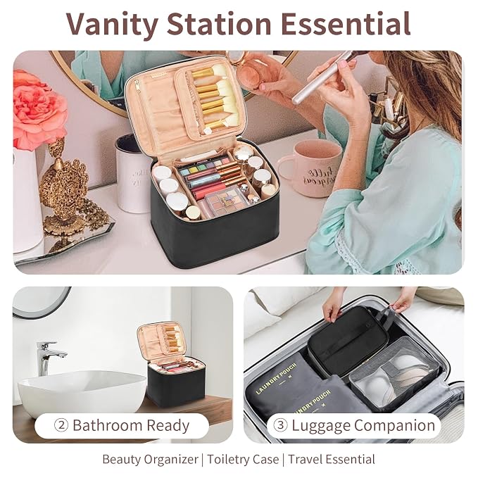 Travel Makeup Bag, Cosmetic Bags for Women Makeup Case Organizer Large Capacity Travel Toiletry Bag Storage Bags with Divider and Handle for Cosmetics Toiletries Brushes Tools-Large, Black