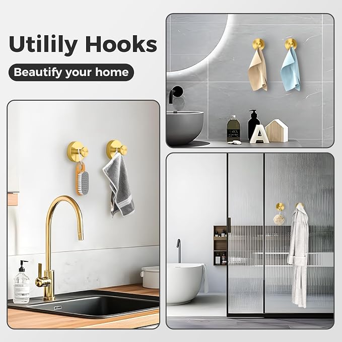 Shower Hooks for Inside Shower,Suction Cup Hooks for Glass Window,Removable Towel Hooks for Bathrooms,6 Packs(Gold)