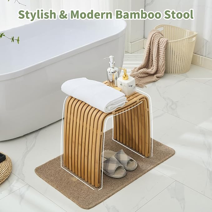 Bamboo Shower Bench, Waterproof Non-Slip Bath Stool,Sturdy Stable | Natural bamboo material, fully assembled, unique spa-style, multi-scene use for bathroom, entryway, bedroom and living room