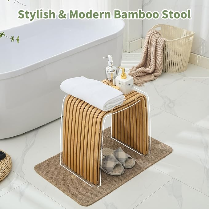 Bamboo Shower Bench Set of 2, Waterproof Non-Slip Bath Stool, Sturdy | Natural bamboo material, fully assembled, unique spa-style, multi-scene use for bathroom, entryway, bedroom and living room