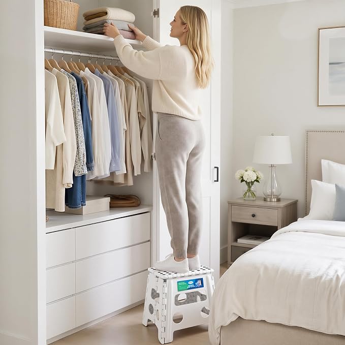 Dyforce Folding Step Stool 13 Inch,300lbs Foldable Stool for Adults & Kids | Stepping Stool White,Non-Slip Plastic Compact Foot Stool with Carry Handle,Lightweight for Bathroom Kitchen Bedroom Garden