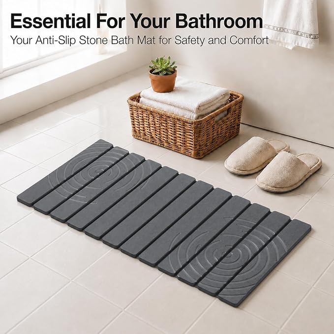 Foldable Stone Bath Mat, Non Slip Large Diatomaceous Shower Mat, Super Absorbent Quick Drying Stone Mat for Bathroom Kitchen Floor Counter Sink ,Easy to Clean & Store (32" x 16" Ripple Circle)