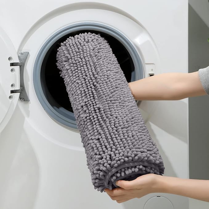 HOMEIDEAS 3 Pieces Bathroom Rugs, Extra Large Ultra Soft Non Slip Absorbent Chenille Toilet Bath Mat Set (Grey)