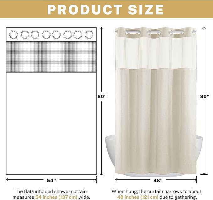 WONICY No Hook Stall Shower Curtain with Snap-in Liner, Cream, 54 x 80 | Ringless, Waterproof & Washable, Hotel Style, Mesh Top Window, Bottom Magnets, Thick, Farmhouse, for Bathroom