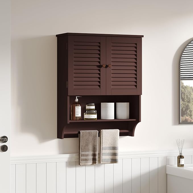 ChooChoo Bathroom Wall Cabinet with Towel Bar and Ample Storage | 23.6"L x 7.9"W x 27.5"H MDF Medicine Cabinet, Over The Toilet Space Saver Storage Cabinet with Adjustable Shelf, Espresso
