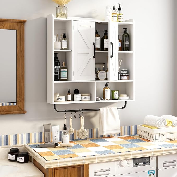 RUSTOWN Rustic Bathroom Wall Storage Cabinet with 2 Barn Doors, White | Farmhouse Medicine Cabinet, Wall Mounted, Space Saving, 3-Tier Adjustable Shelves, Towel Bar, 5 Hooks