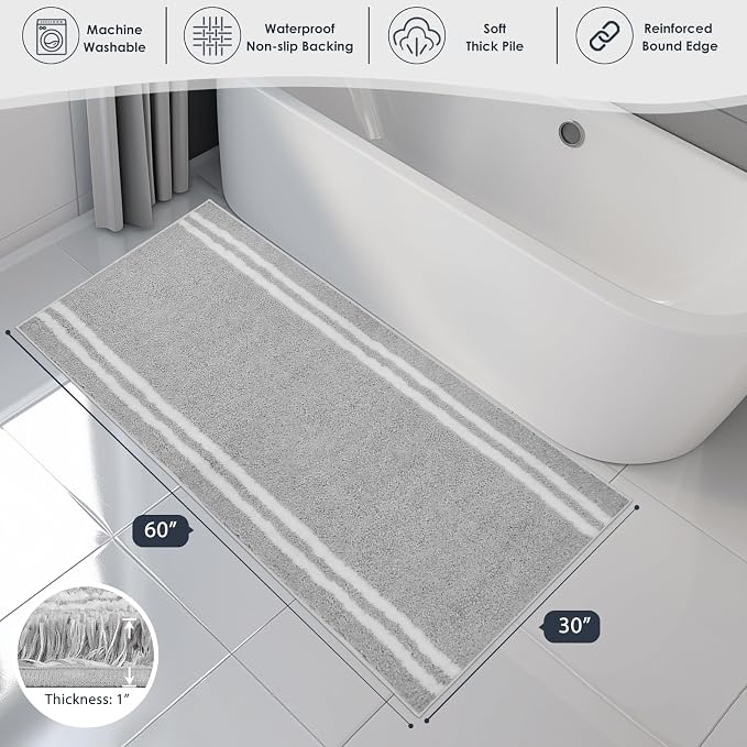 PURRUGS Bathroom Rug, Bath Mat, 30" x 60", Light Grey | Machine Washable, Non-Slip, Waterproof TPR Backing, Super Absorbent, Quick Dry, Bath Rug for Shower, Bathtub, and Sink