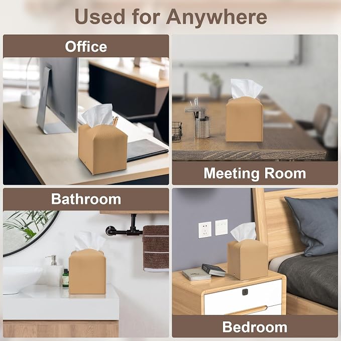 AISOSO 2Pcs Square Tissue Box Cover, Cream, 5.12" X 5.12" X 5.12" | PU Leather, Decorative Tissue Organizer Dispenser Holder, Fit for Bathroom, Desk, Home, Car, Office
