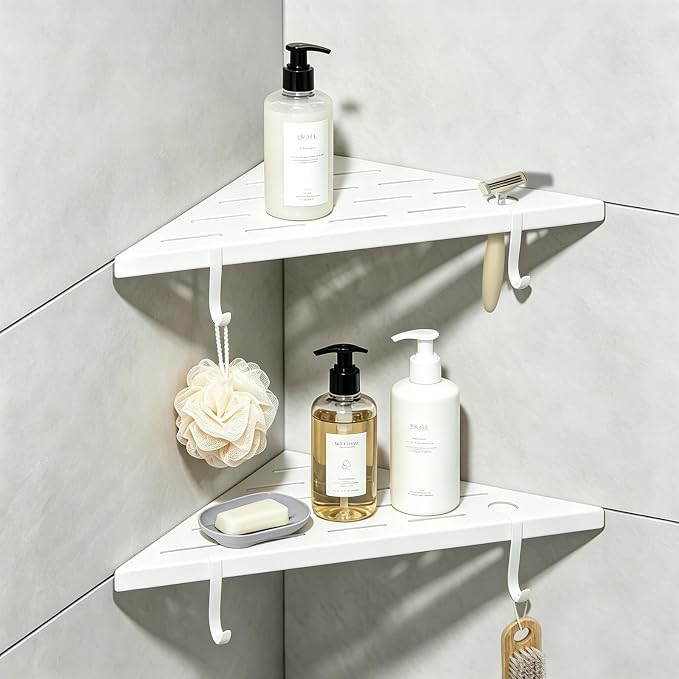 Corner Shower Shelves, 10" white 304 Stainless Steel Recessed Shelf for Bathroom,With silicone soap dish and razor holder,Grout in Shelf with Hooks for Tiled Wall 2 Pack(white)