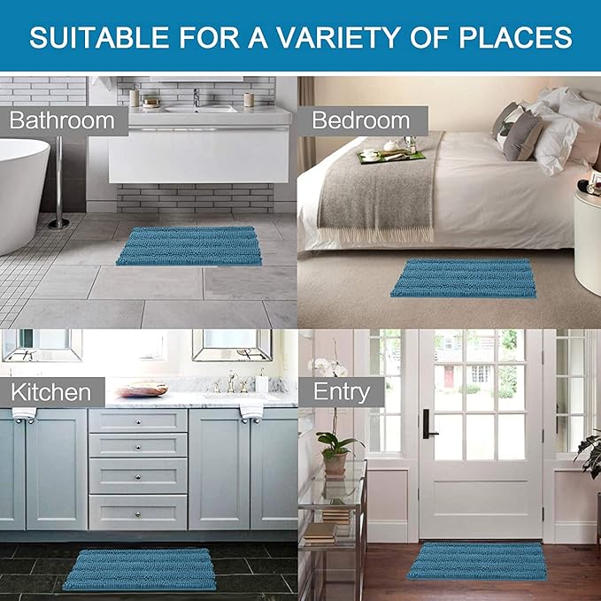 H.VERSAILTEX Bathroom Rugs Bath Rugs for Bathroom Non Slip Bath Mats Extra Thick Chenille Striped Rug 17" x 24" Absorbent Soft Shaggy Washable Dry Fast Bath Mats for Bath Room Floor - Turquoise Blue