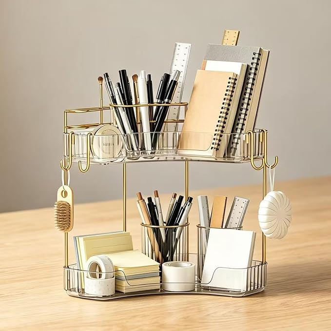 2-Tier Corner Bathroom Counter Organizer,Makeup & Skincare Shelf with Built-in Brush Holder,Space-Saving Bathroom Countertop Organizer for Skincare, Perfume, Cosmetics(Clear)