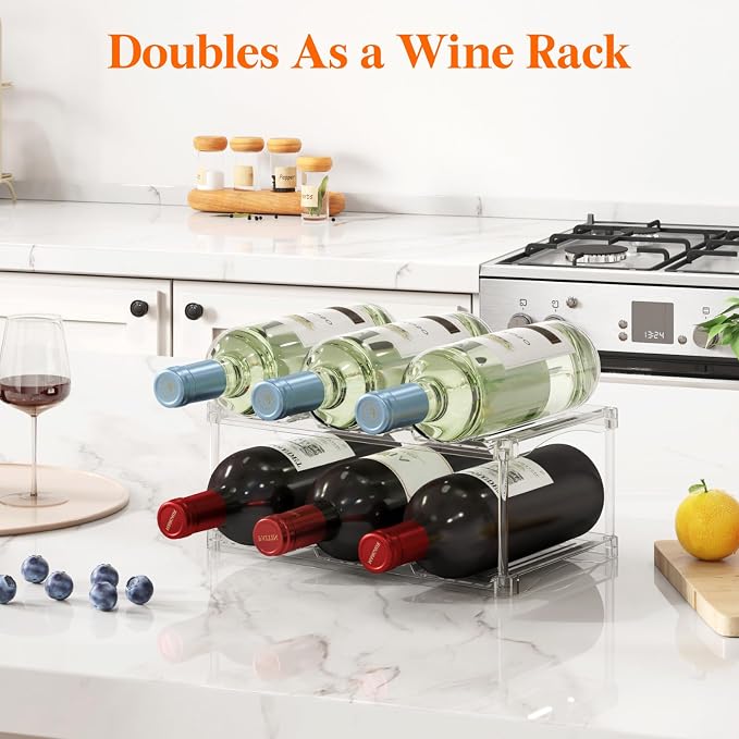 Lifewit Stackable Bottle Storage Organizer, Clear Freestanding Wine Holder for Cabinet, Large Slot Water Bottle Tumbler Cup Organizer for Pantry, Plastic Wine Rack for Fridge Cellar, 2Tier Hold 6