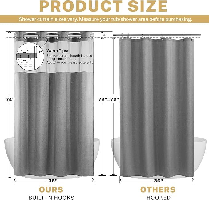 WONICY Small No Hook Shower Curtain with Snap-in Liner, Grey, 36 x 74 | Ringless, Waterproof & Washable, Hotel Style, Mesh Top Window, Bottom Magnets, Thick, Farmhouse, for Bathroom