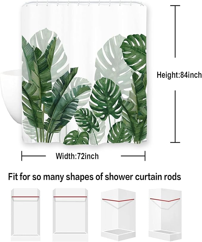 Baccessor Extra Long Tropical Green Leaf Shower Curtain Waterproof Washable Fabric Summer Botanical Banana Monstera Leaf Palm Tree Bathroom Shower Curtain with Hooks Weighted 72 W x 84 L Inch