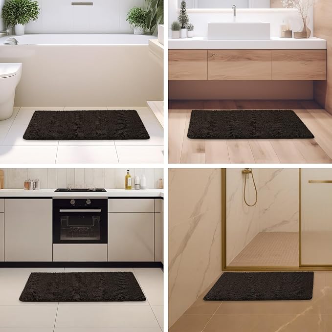 Chocolate Brown Bathroom Rugs – Absorbent and Washable Bath Mat, Non-Slip, Thick Soft Chenille Bath Rugs for Bathroom Floor, Shower, Sink - 24" x 36"