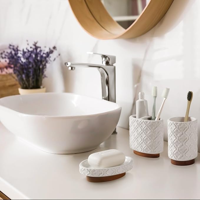 RQYIXI Ceramic 5-Piece Bathroom Accessories Set,White,with Cotton Swab Jar | ceramic and wood embossed design modern countertop organization