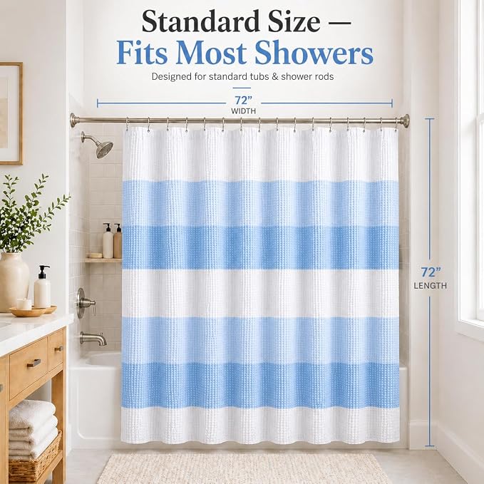 Dainty Home Ombre Waffle Weave Shower Curtain 70 x 72 Blue Textured Fabric Shower Curtain, Hotel Style Waffle Weave Bathroom Curtain, Water Resistant Polyester Ombre Shower Curtain