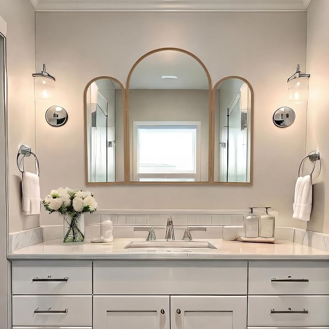 Trifold Vanity Mirrors 3 Way, 30 x 37 in Adjustable Trifold Mirror for Bathroom Bedroom, Decorative Folding 3 Sided Mirror Wall Mounted for Braiding Hair Makeup(Arched,Vintage Gold)