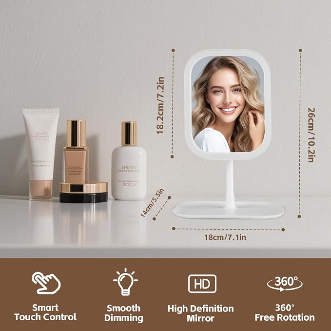 Touch-Sensitive Controls Vanity mirrorr, Makeup Mirror with LED Light, 2400mAh Rechargeable, 270-degree Rotation Adjustment,Beauty Vanity Mirror with Lights, Portable Travel, 3 Light Color (White)