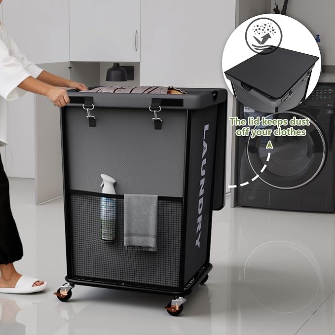 Laundry Hamper with Wheels and Lid, 150L Large Rolling Laundry Basket Gray | Heavy Duty Clothes Organizer, Sturdy Metal Frame, Lockable Swivel Casters, Removable Bag, For Bedroom, Bathroom, Laundry Room