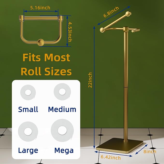 RUACQ Bathroom Toilet Paper Holder Stand, Brushed Gold | Dual-Post Pivoting Free Standing Toilet Roll Holder with Weighted Base, Anti-drop Design 304 Stainless Steel Tissue Stand