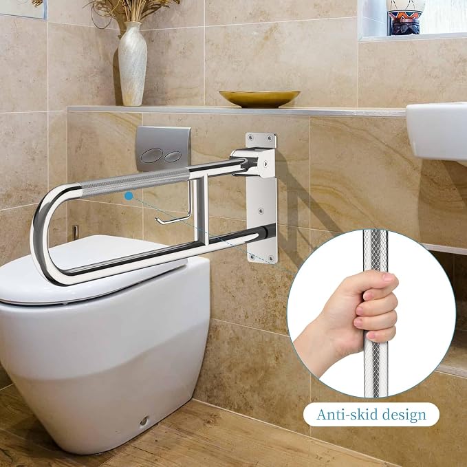 Folding Toilet Grab Bar 32 Inch Chrome, Munzong Anti-Slip Handicap Grab Bar | Flip-Up Bathroom Safety Rails Stainless Steel Knurled Support handrails for Seniors Elderly Disabled Pregnant