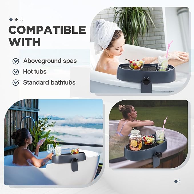 1 Pc Hot Tub Table Tray, Adjustable Aboveground Bathtub Tray with 2 Cup Holder, Between 2'' to 7.5'' Nonslip Hot Tub Accessories Shelf Drinks Snacks Phone Holder for Spa Bathtub (Navy Blue)