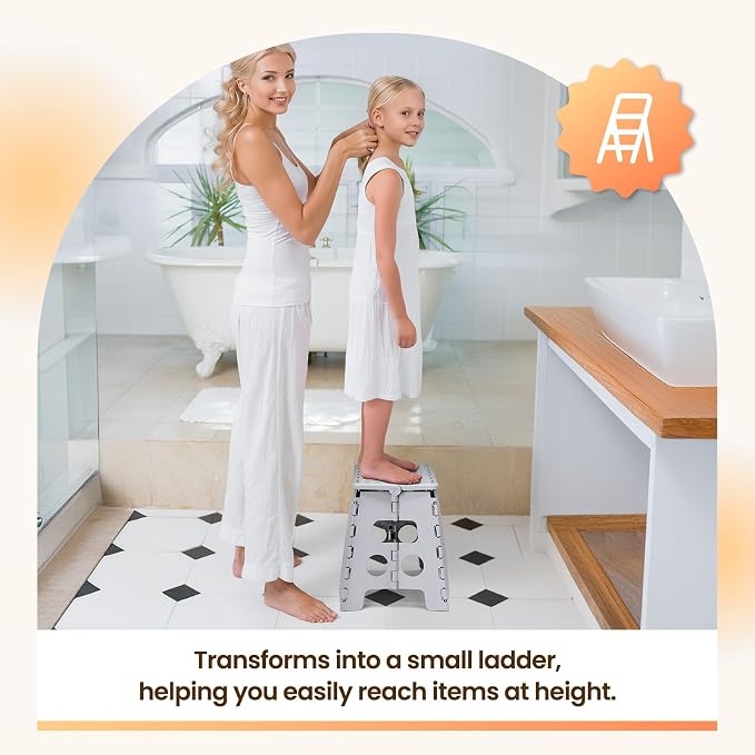 ACKO 13 Inch Folding Step Stool, Non-Slip Surface for Adults and Kids, Gray | Collapsible Heavy Duty Foldable Stools, Portable Foot Stepping Stool Holds 300 lbs, Kitchen Bathroom Outdoor, with Handle