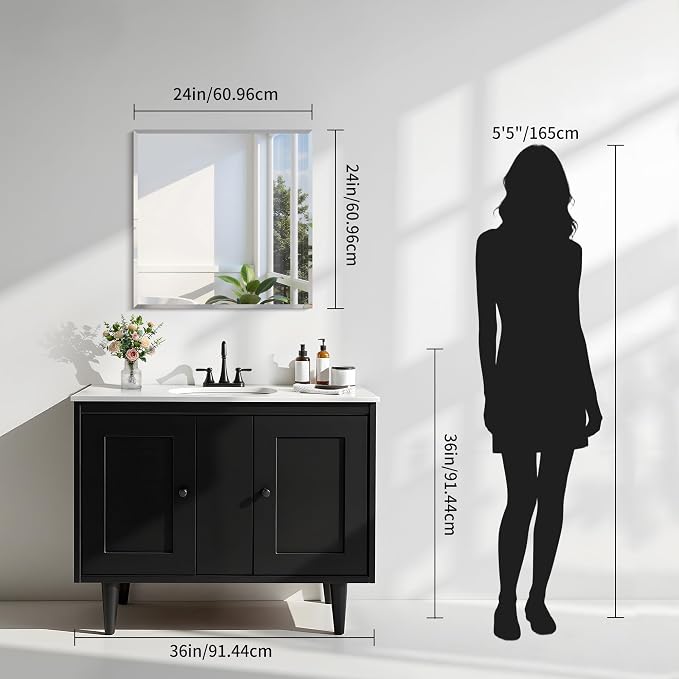 KOCUUY Beveled Mirror, 24x24 Inch Frameless Bathroom Mirror for Over Sink, Upgraded Shatterproof Unframed Mirror for Bathroom, Bedroom, Hang Horizontal/Vertical