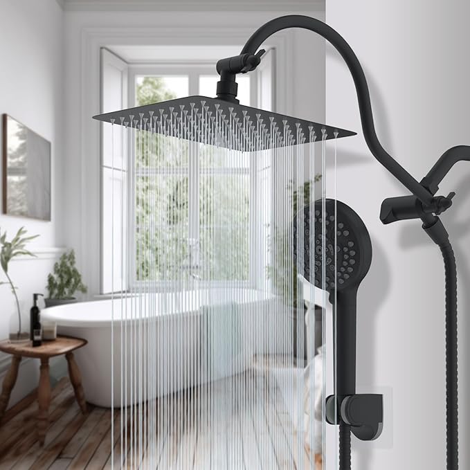Hibbent All Metal High Pressure Rainfall 10'' Shower Head, CUPC Certified Handheld Showerhead Combo, 12'' Adjustable Shower Extension Arm, 10-Spray, 71'' Hose, Adhesive Showerhead Holder, Matte Black