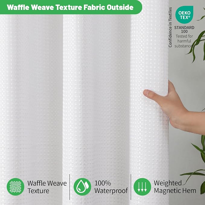 eachope No Hook Waffle Shower Curtain, No Liner Needed, 54x80 Inch, White | 100% waterproof TPU-laminated backing, magnetic weighted hem, machine washable, for bathroom, hotel, or shower stall use