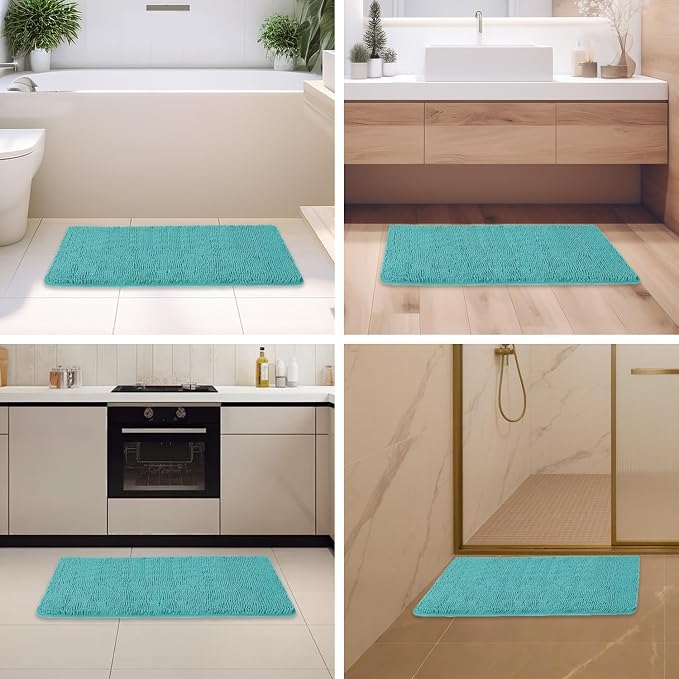 Teal Bathroom Rugs – Absorbent and Washable Bath Mat, Non-Slip, Thick Soft Chenille Bath Rugs for Bathroom Floor, Shower, Sink - 24" x 36"