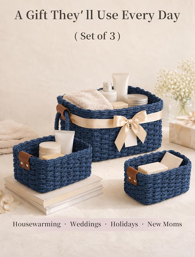Small Wicker Baskets, 3 PCS Paper Rope Baskets for Shelves, Blue | Recycled Small Baskets, 3 Sizes Woven Baskets for Organizing, Decorative Storage Baskets for Bedroom and Bathroom