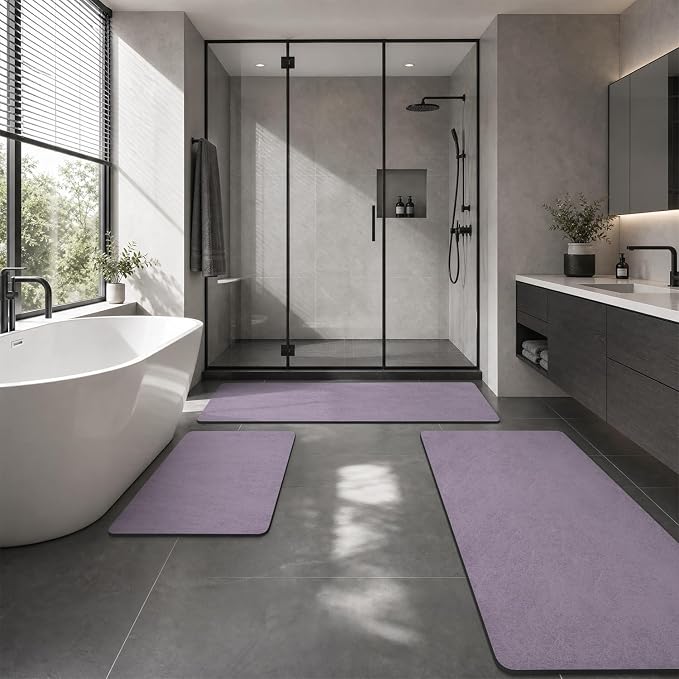 MontVoo -Bath Mat Rug-Rubber Backing Non Slip Quick Dry Absorbent Thin Bathroom Rugs Fit Under Door-Faux Suede Surface Bathroom Floor Mats-Shower Rug for in Front of Bathtub Shower Lavender 17"x59"