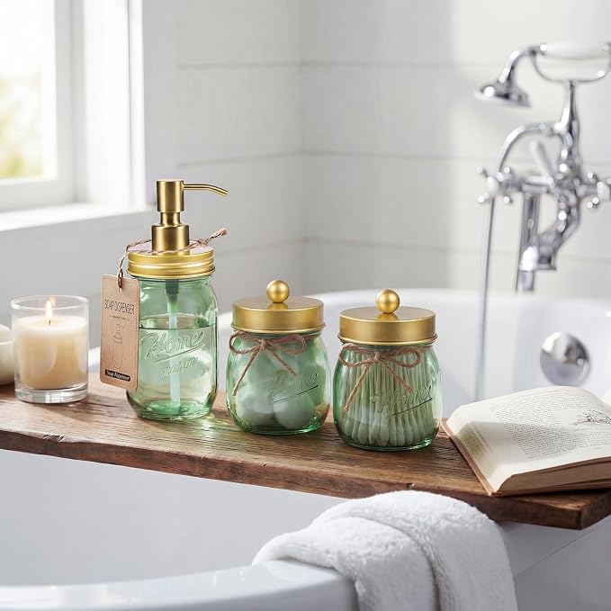 Amolliar Green Glass Bathroom Accessories Set, 4Pcs Mason Jar Bathroom Set | (Gold)Lotion Soap Dispenser, Toothbrush Holder, 2 Qtip Holders, Bathroom Countertop Storage, Bathroom Home Decor Organizer