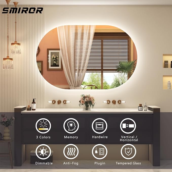 SMIROR 48x30 Oval Backlit LED Bathroom Vanity Mirror with Lights for Wall | Pill-Shaped, 3 Color Lighting, Anti-Fog, Memory, Tempered Glass, UL, Horizontal/ Vertical Wall- Mounted