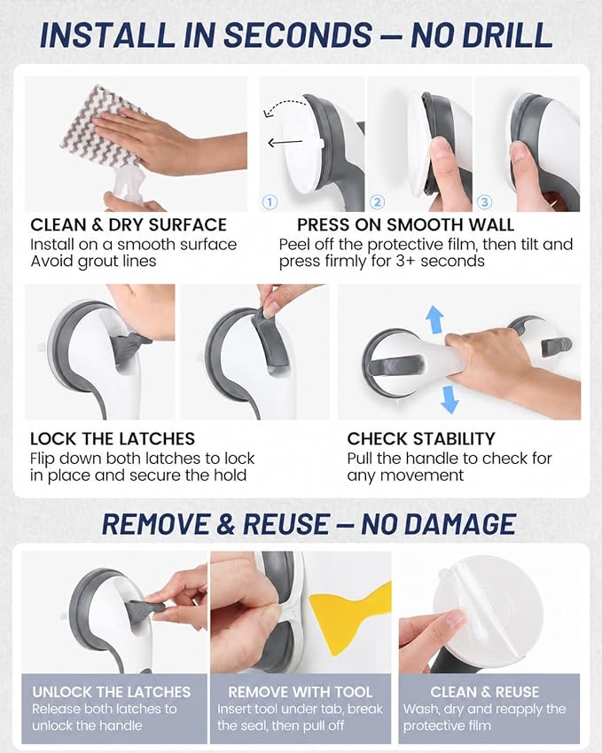 Suction Grab Bars for Shower, Gel-Enhanced Shower Handles for Seniors, Grey | Enhanced Gel Suction, Tub/Shower Safety Support, Heavy Duty Grip Bar for Seniors&Elderly, No-Drill, Removable & Reusable