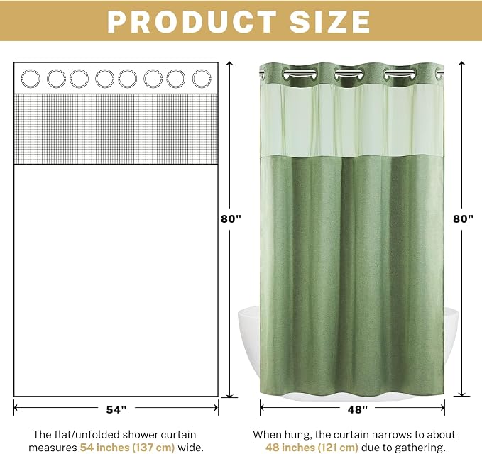 WONICY Small No Hook Shower Curtain with Liner, Sage Green, 54 x 80 | Ringless, Waterproof & Washable, Hotel Style, Mesh Top Window, Bottom Magnets, Thick, Farmhouse, for Bathroom