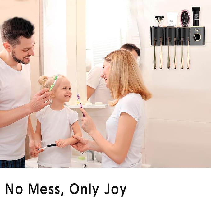 iHave Toothbrush Holders for Bathrooms Wall Mounted with Dispenser & 3 Cups | 9 Slots Wall Mount Toothbrush Holders for Bathrooms with Squeeze Toothpaste Dispenser, 3 Cups & 3 Compartments Organizer