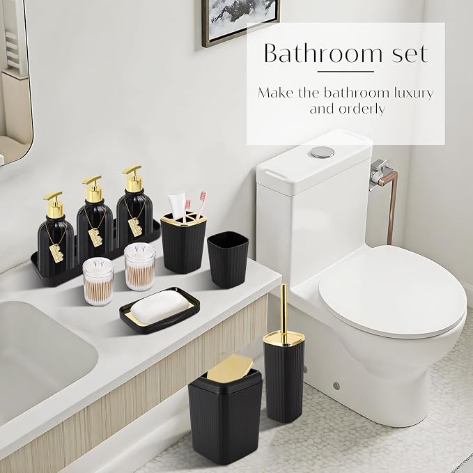 17PCS Bathroom Accessories Bathroom Set Black Bathroom Accessories,Toilet Brush, Trash Can, Qtip Holder Dispenser& 3PCS Soap Dispenser