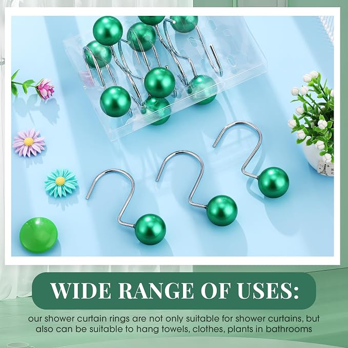 12 Pcs Cute Shower Curtain Hooks Shower Curtain Rings Artificial Pearl Decorative Vintage Rustproof Hooks for Bathroom Country Farmhouse Decor (Green)